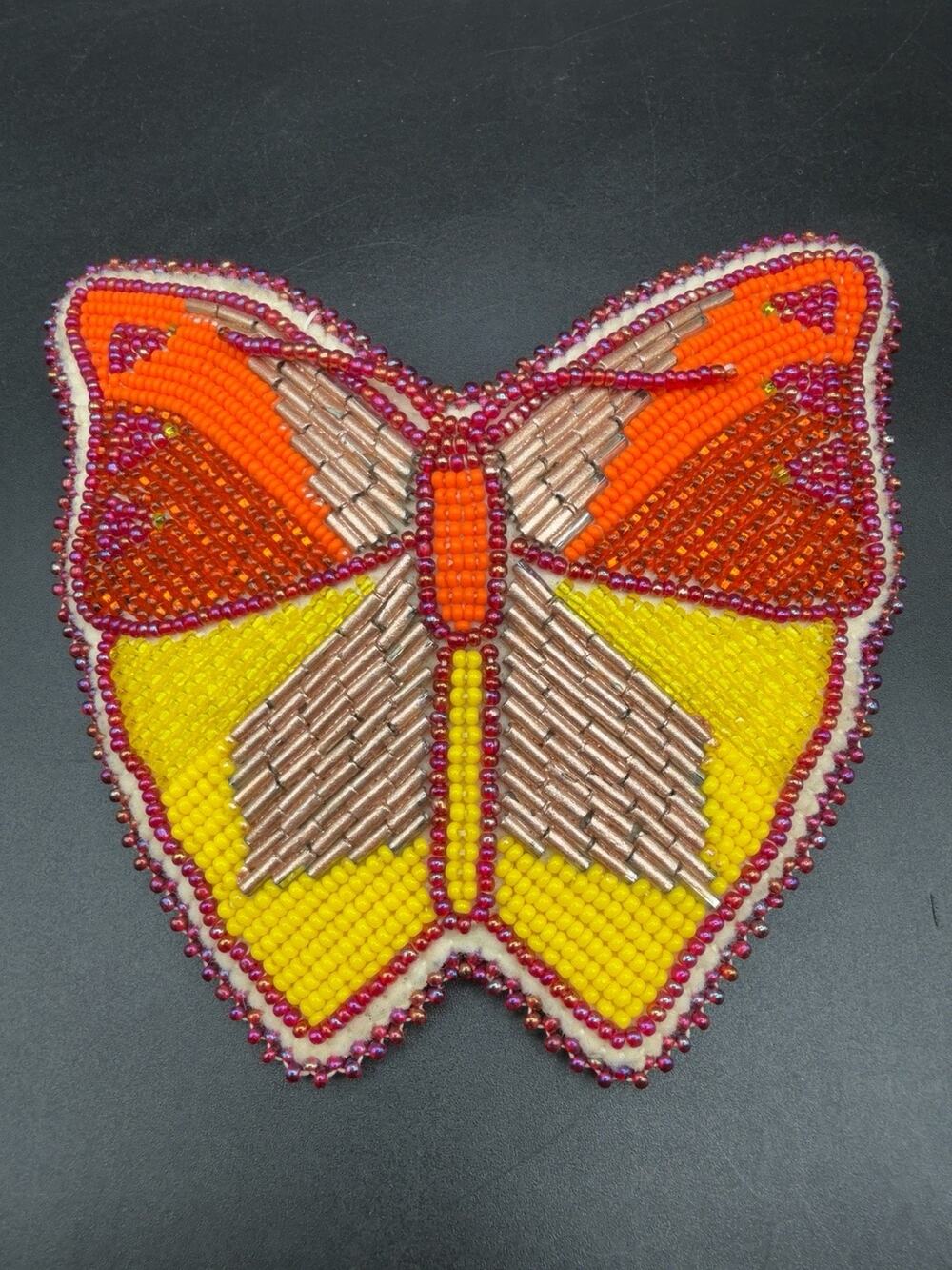 Vintage Hand Beaded Butterfly Hair Barrette Large Seed Bugle Bead French Clip
